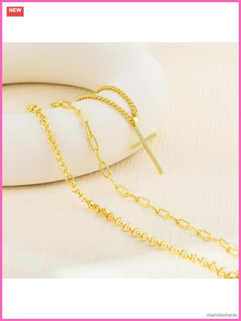 14K Gold Plated Layered Cross Pendant Necklace Set 3 Pc Paperclip Cuban Link